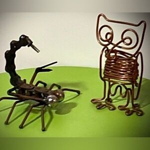 Vintage Metal Mixed Media Scorpion and Cooper Owl Folk Art figurines 2 - 3” Tall